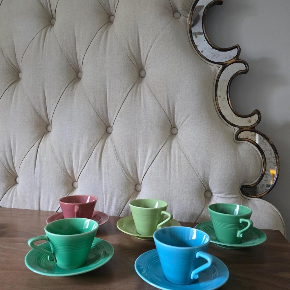 Vintage Fiesta Style Coffee Cup & Saucer Set – 5 Colorful Cups with Saucers
